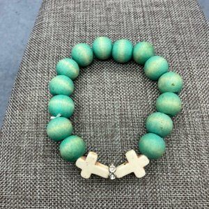 Double Ivory Cross Bracelet As Is Wood Bead Aqua Blue White Silver Rhinestone
